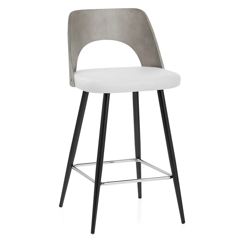 Tabouret Bois Gris et Faux Cuir - Leo Blanc