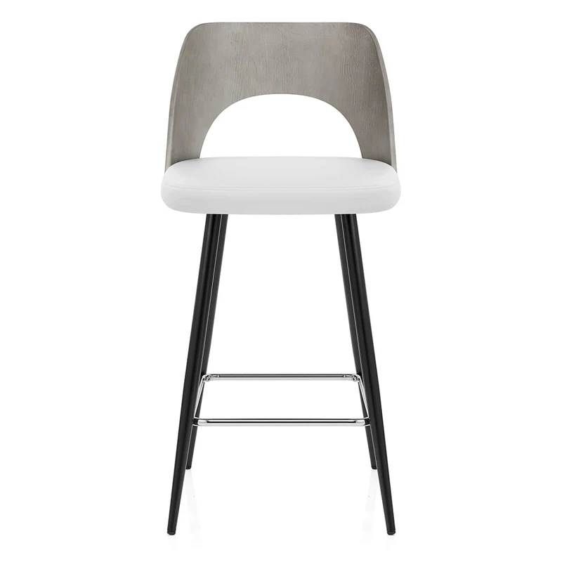 Tabouret Bois Gris et Faux Cuir - Leo Blanc