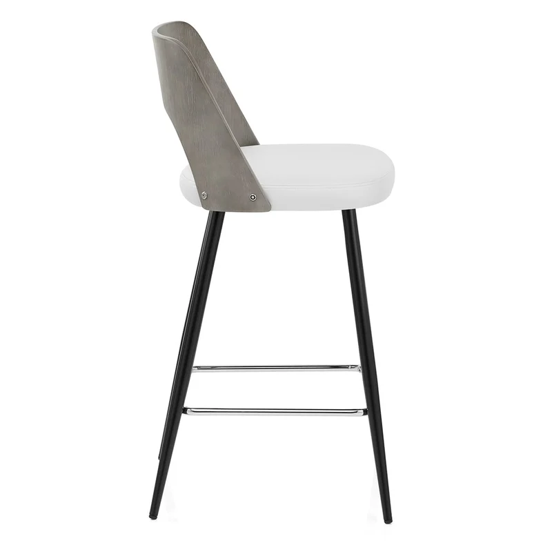Tabouret Bois Gris et Faux Cuir - Leo Blanc