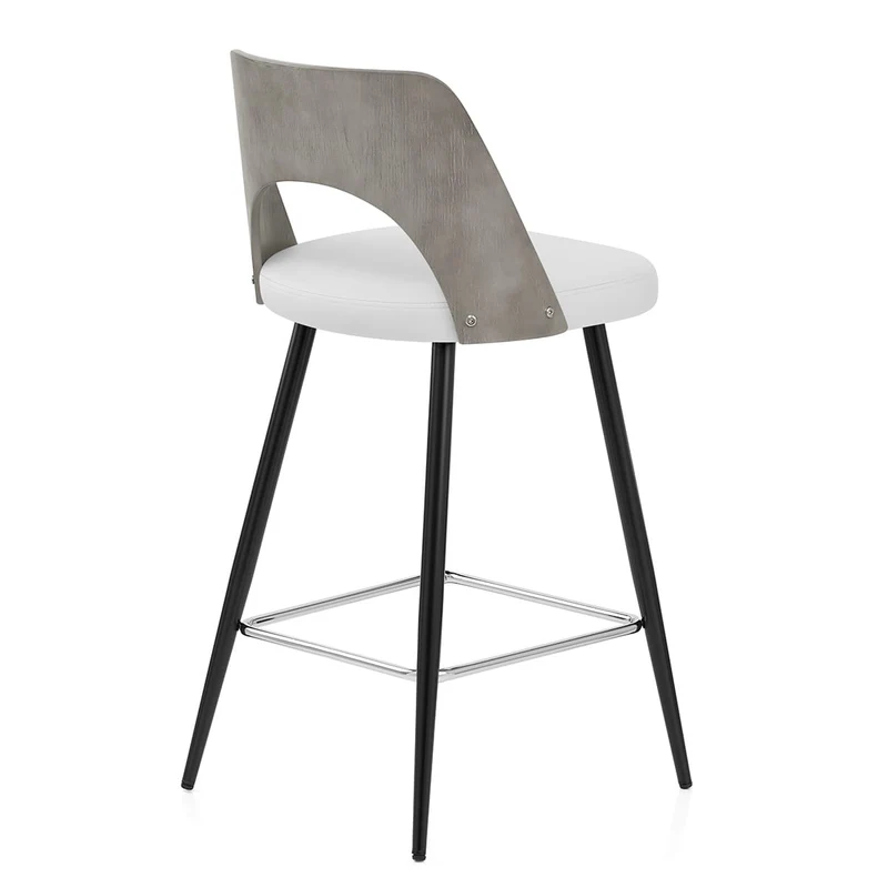 Tabouret Bois Gris et Faux Cuir - Leo Blanc