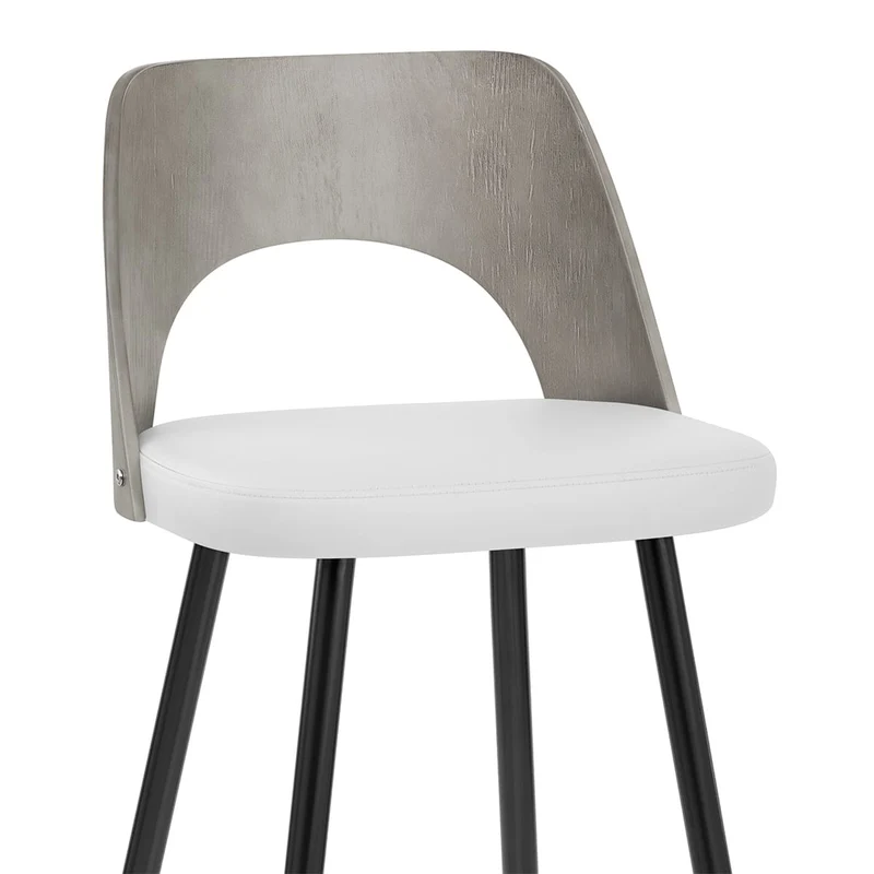 Tabouret Bois Gris et Faux Cuir - Leo Blanc