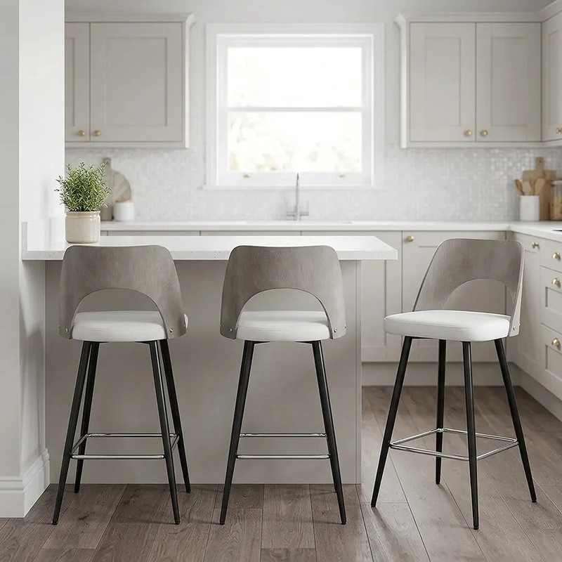 Tabouret Bois Gris et Faux Cuir - Leo Blanc