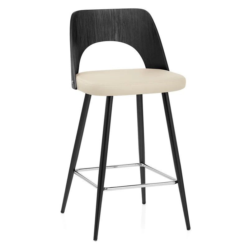 Tabouret Bois Noir et Faux Cuir - Leo Crème