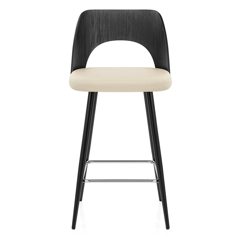 Tabouret Bois Noir et Faux Cuir - Leo Crème