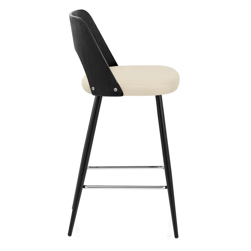 Tabouret Bois Noir et Faux Cuir - Leo Crème