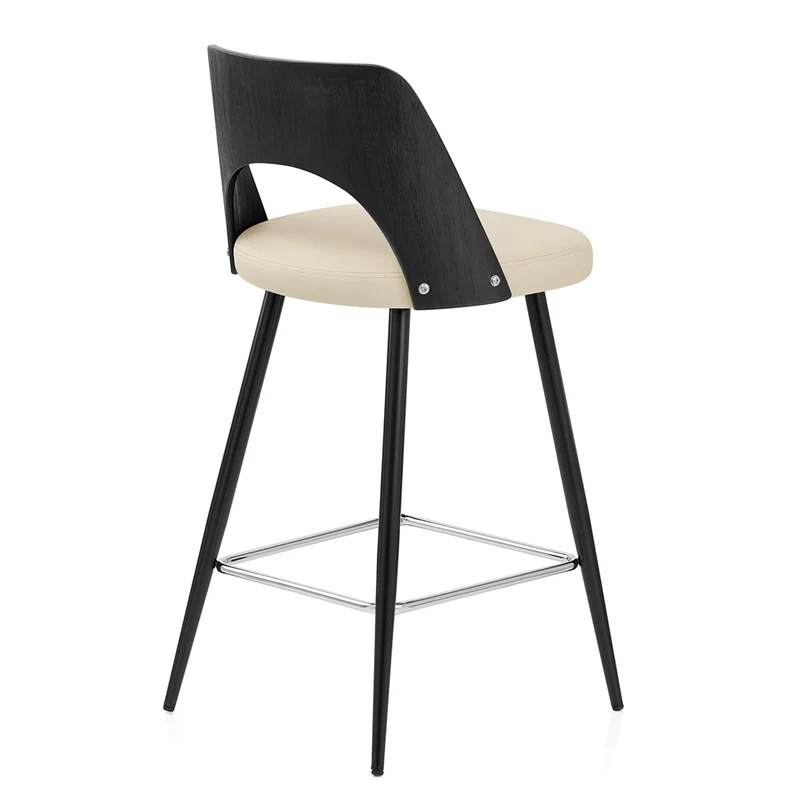 Tabouret Bois Noir et Faux Cuir - Leo Crème