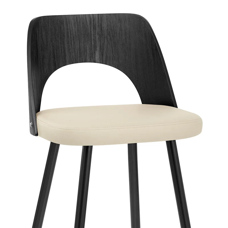 Tabouret Bois Noir et Faux Cuir - Leo Crème