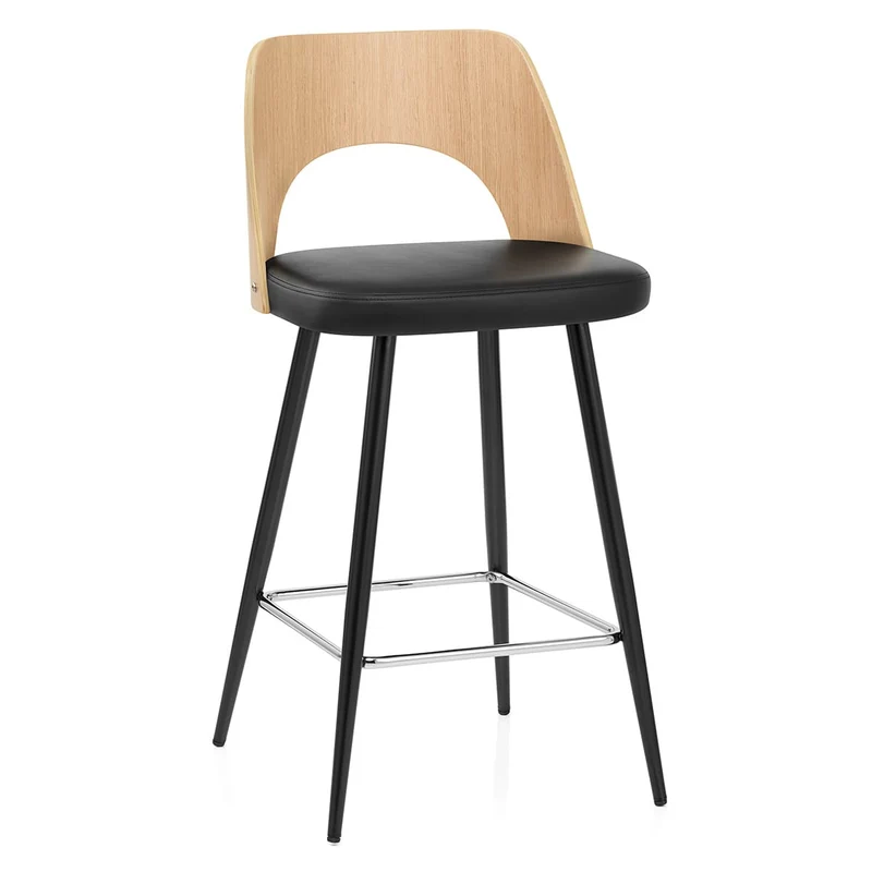 Tabouret Chêne et Faux Cuir - Leo Noir
