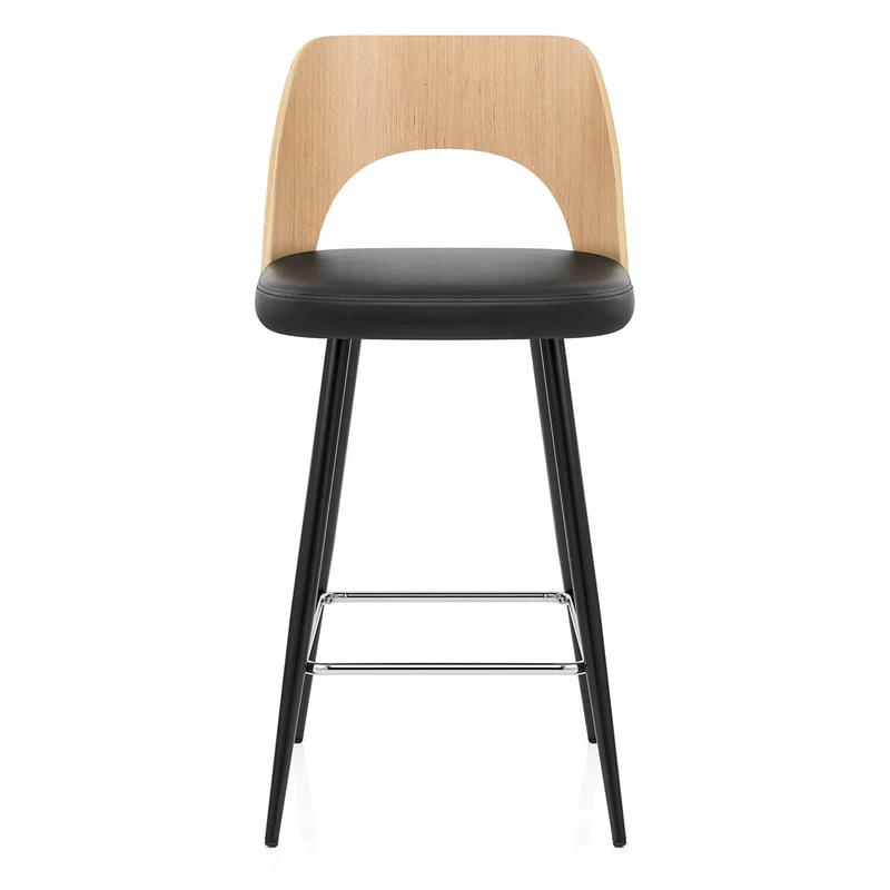 Tabouret Chêne et Faux Cuir - Leo Noir
