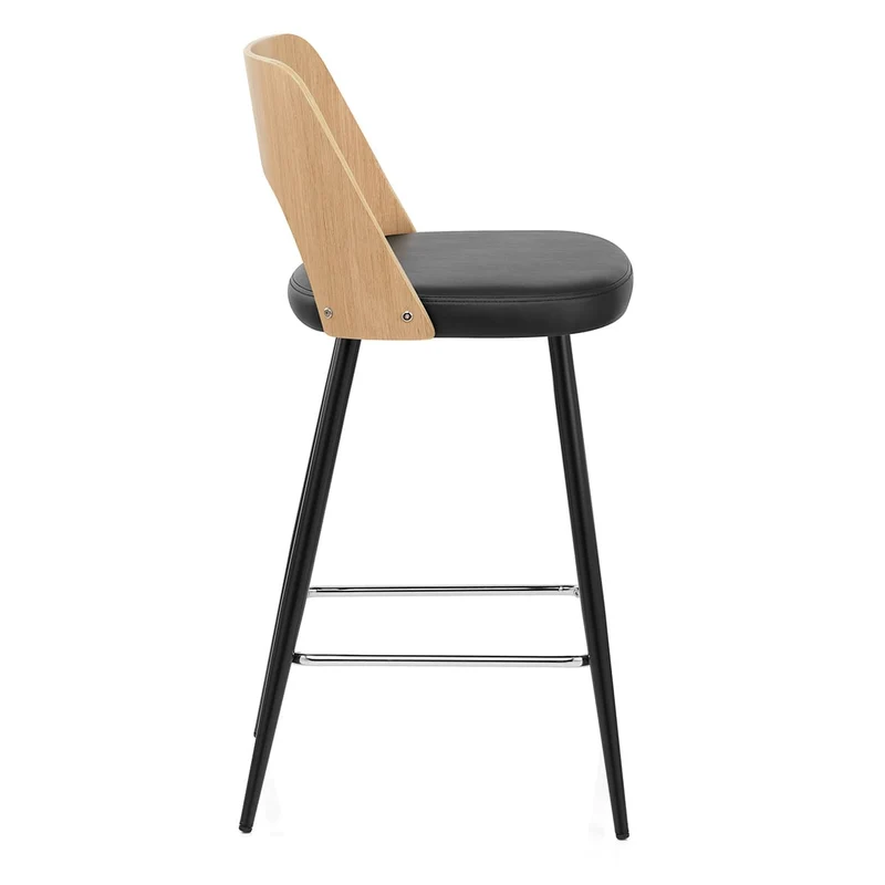 Tabouret Chêne et Faux Cuir - Leo Noir
