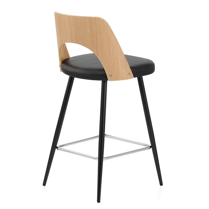 Tabouret Chêne et Faux Cuir - Leo Noir