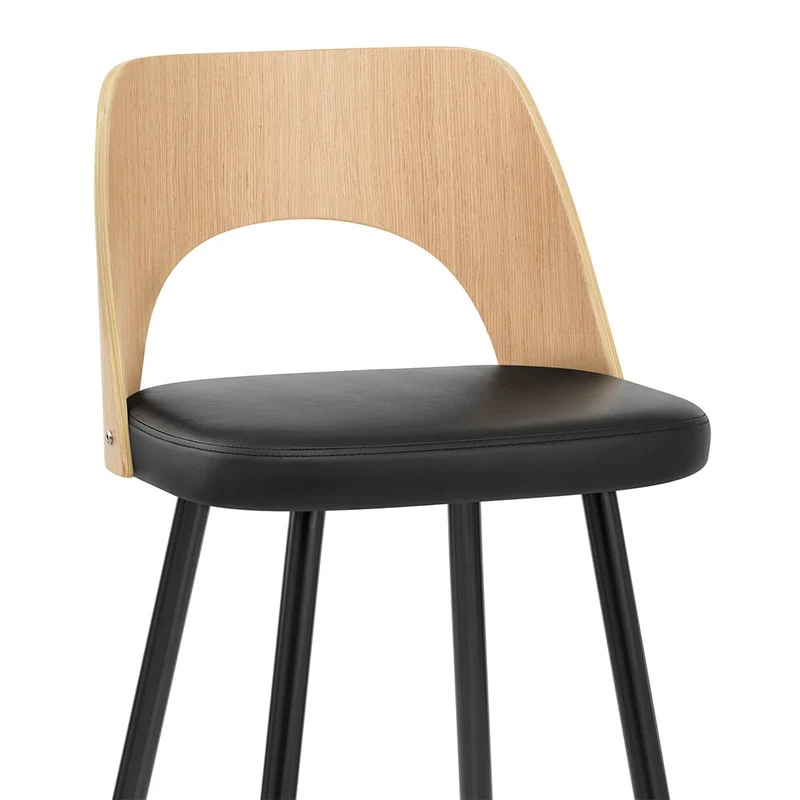 Tabouret Chêne et Faux Cuir - Leo Noir
