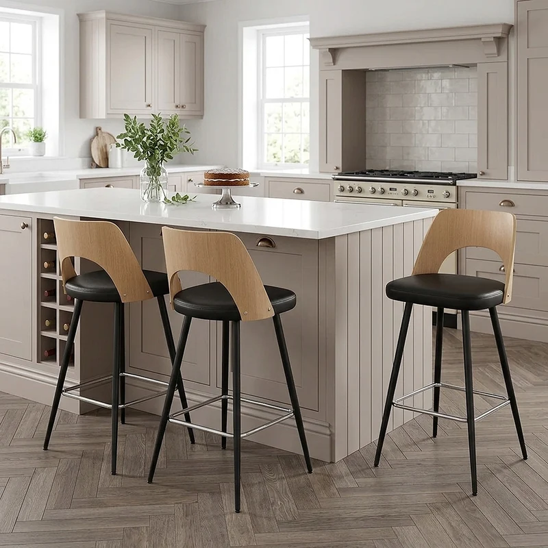 Tabouret Chêne et Faux Cuir - Leo Noir