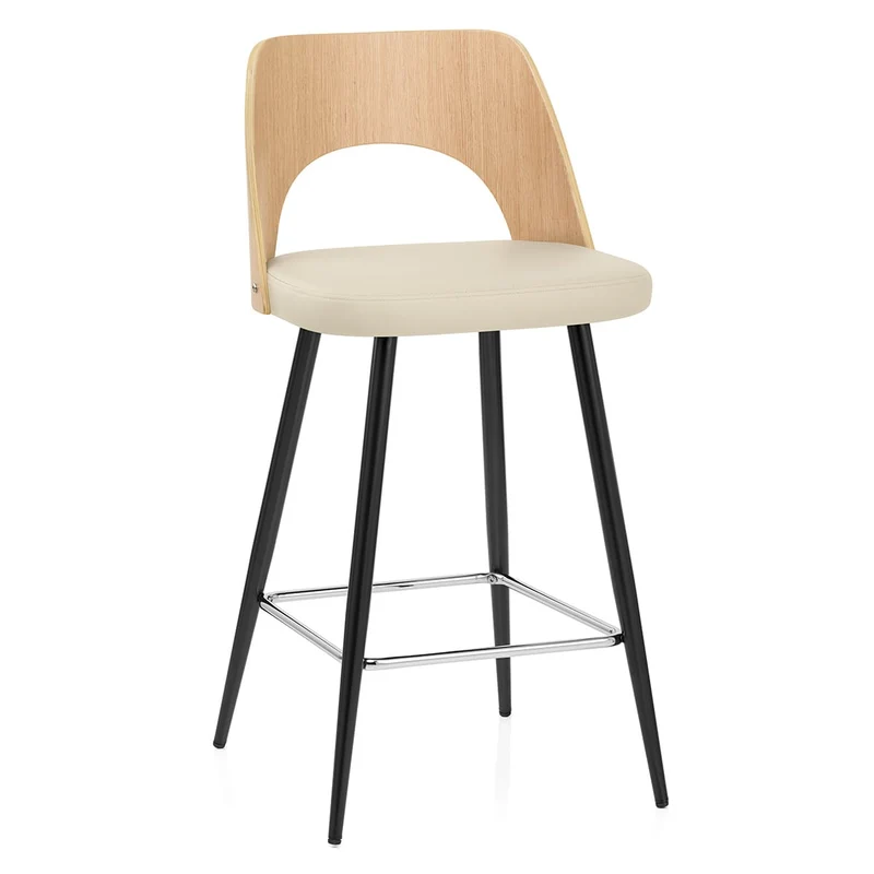 Tabouret Chêne et Faux Cuir - Leo Crème