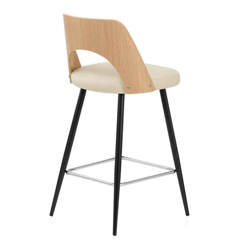 Tabouret Chêne et Faux Cuir - Leo Crème
