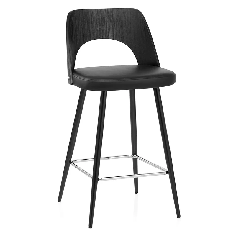Tabouret Bois Noir et Faux Cuir - Leo Noir