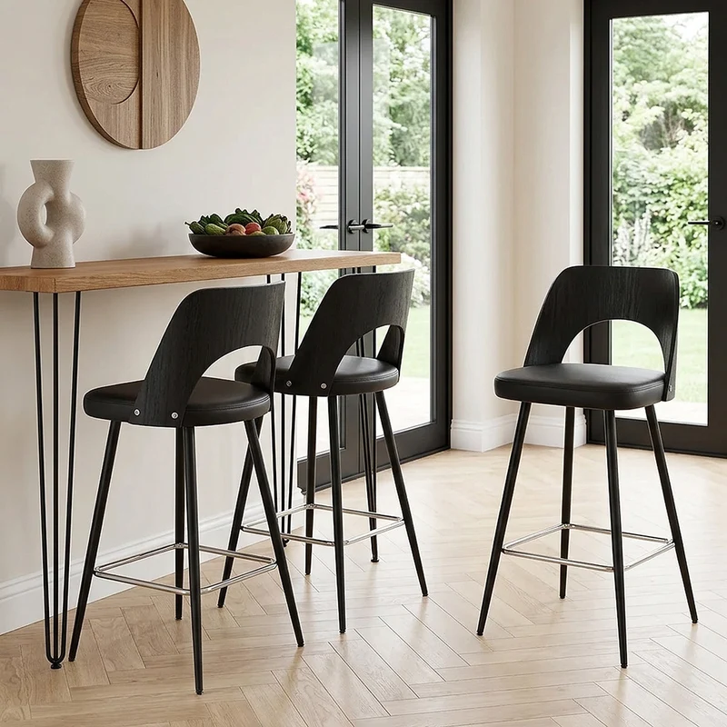 Tabouret Bois Noir et Faux Cuir - Leo Noir