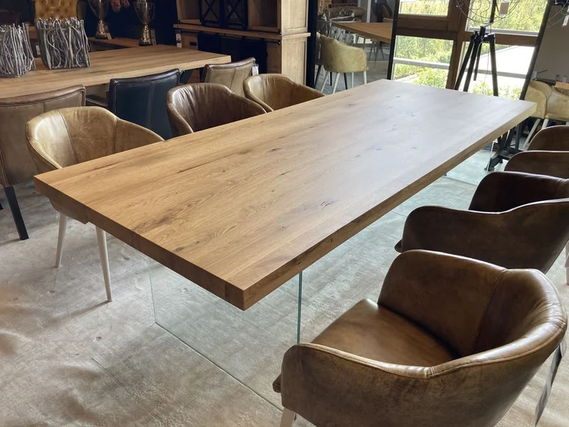 Table en chêne massif "NUBE" avec Pieds en Verre Trempé