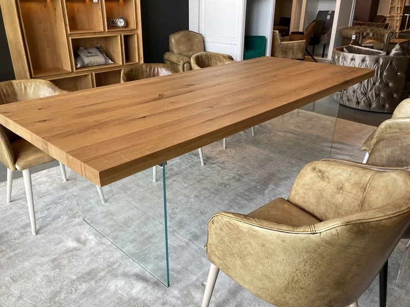 Table en chêne massif "NUBE" avec Pieds en Verre Trempé