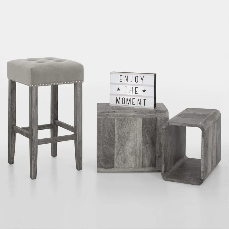 Tabouret Bois Velours - Dove Gris