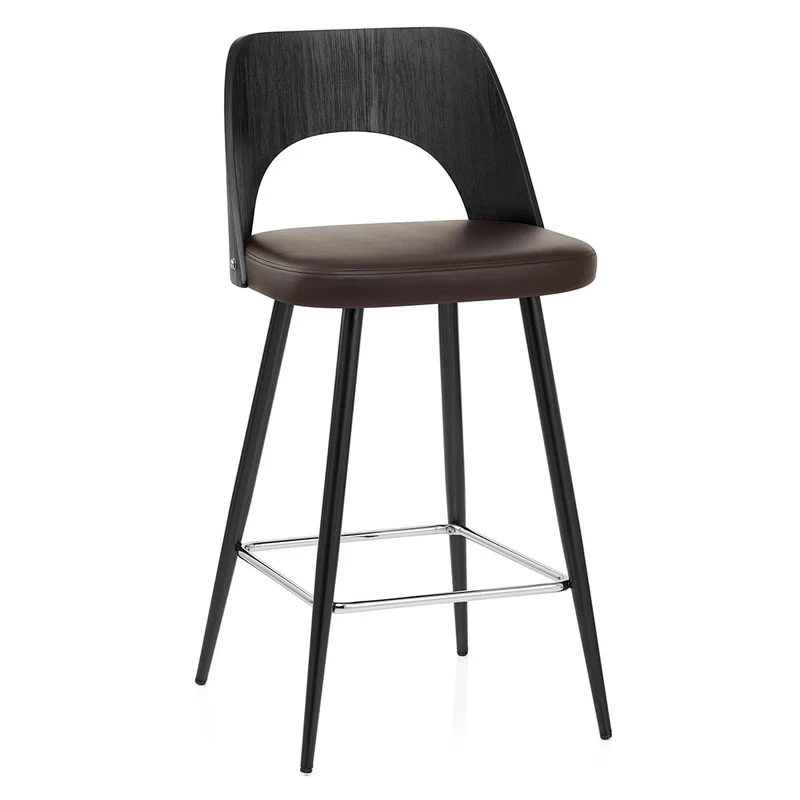 Tabouret Bois Noir et Faux Cuir - Leo Marron