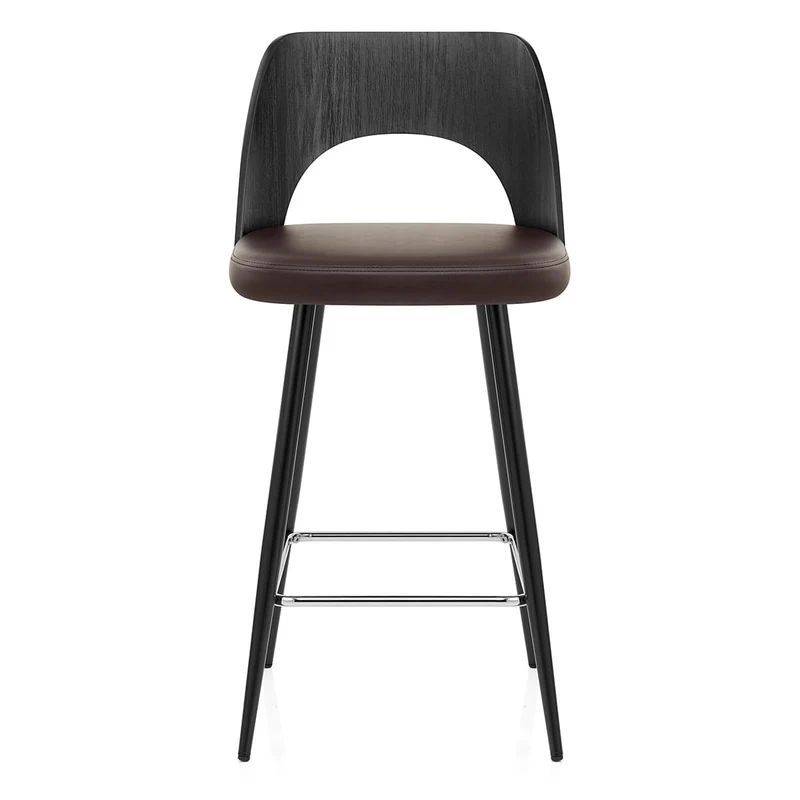 Tabouret Bois Noir et Faux Cuir - Leo Marron