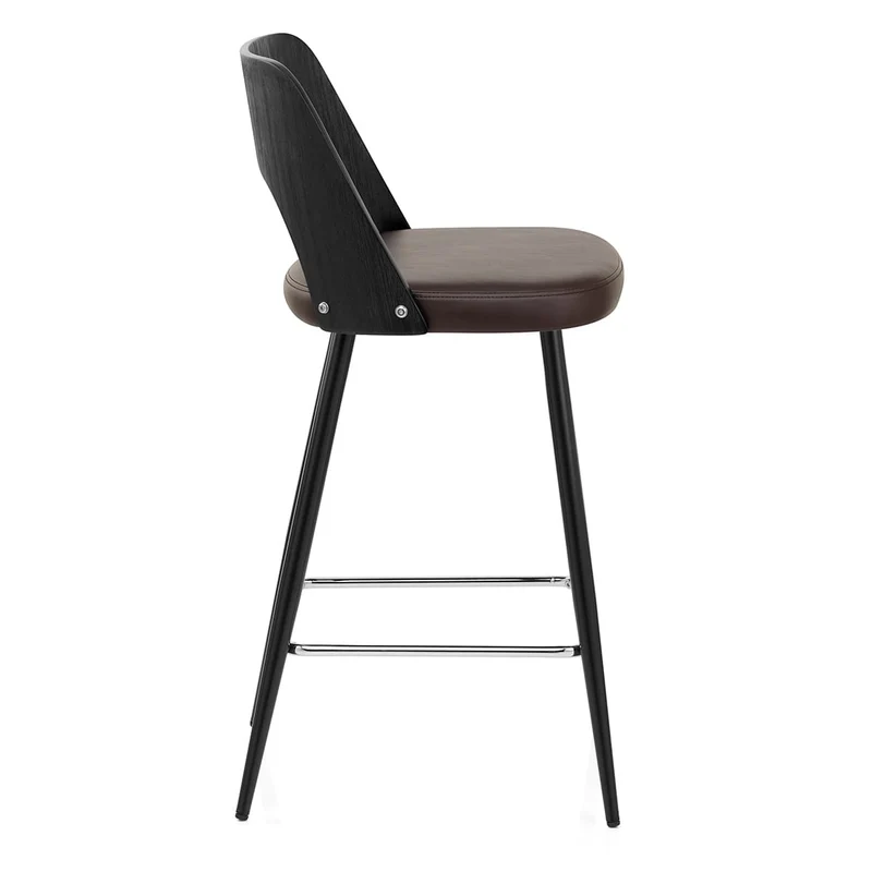 Tabouret Bois Noir et Faux Cuir - Leo Marron