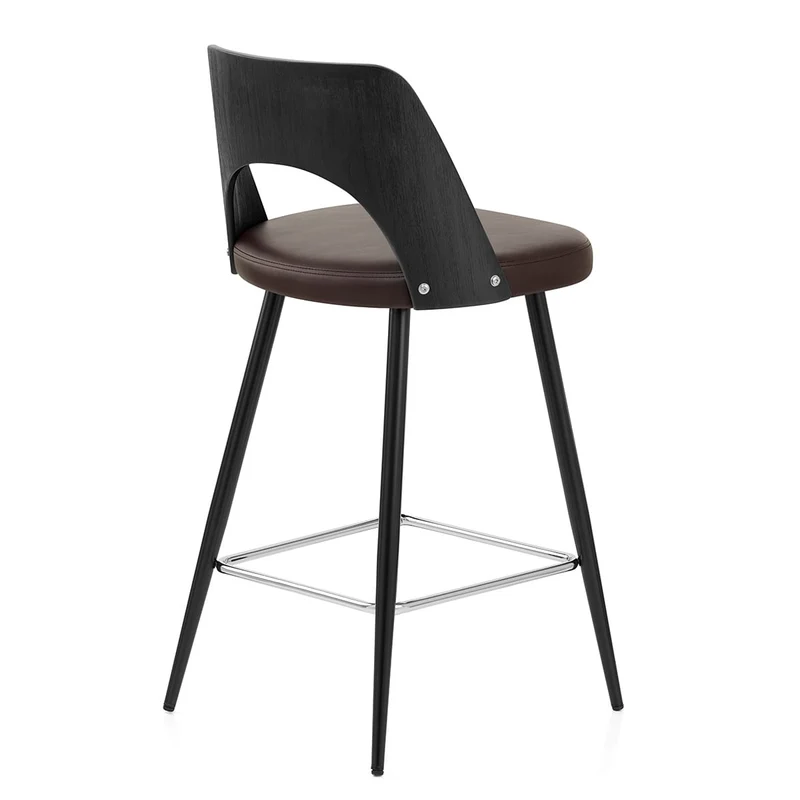 Tabouret Bois Noir et Faux Cuir - Leo Marron