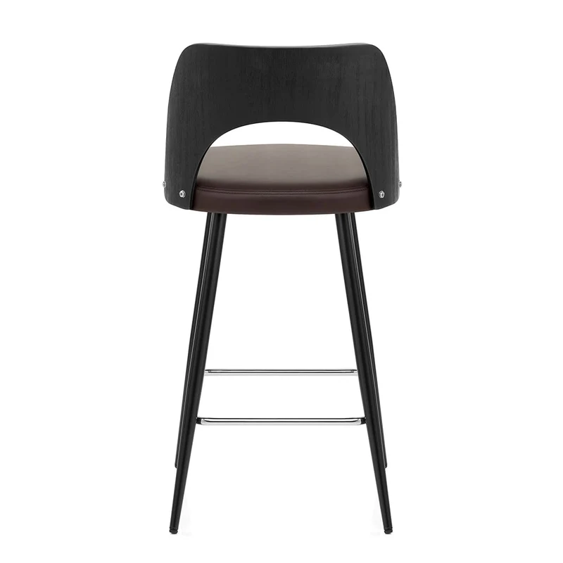 Tabouret Bois Noir et Faux Cuir - Leo Marron