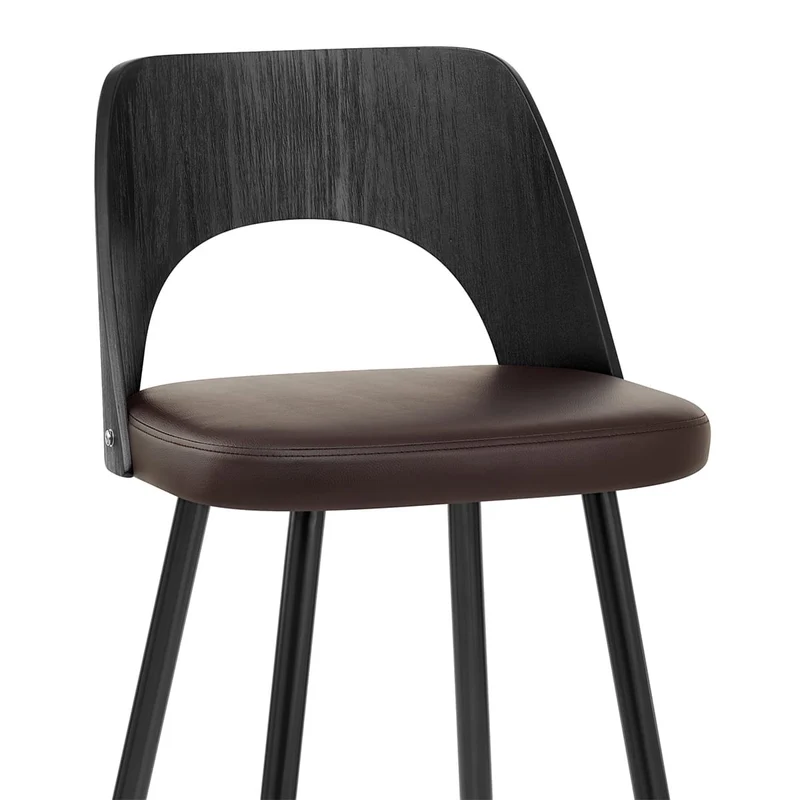Tabouret Bois Noir et Faux Cuir - Leo Marron
