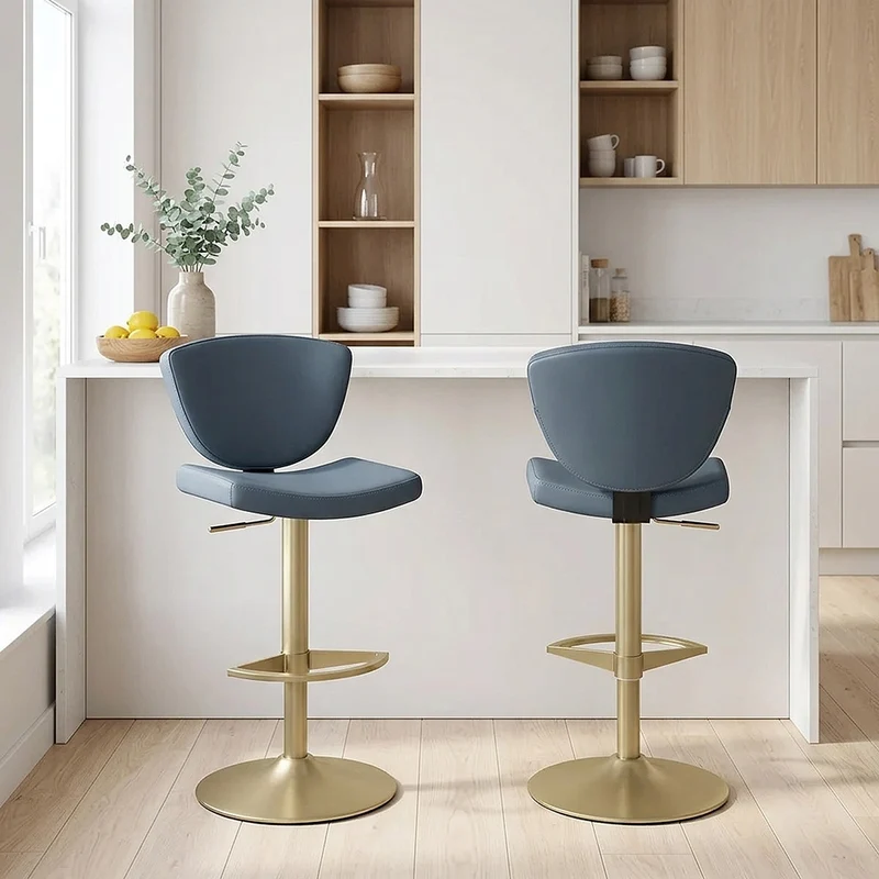 Tabouret Cuir Veritable Doré - Pearl Bleu
