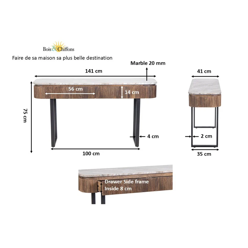 Console 2 tiroirs plateau marbre | Manguier Kfir III
