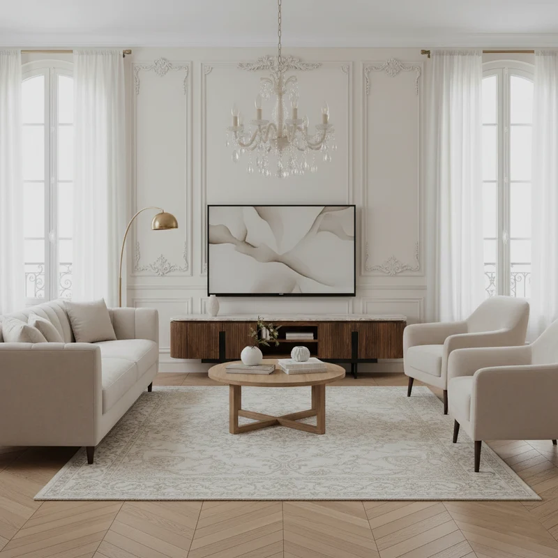 Grande Meuble TV 4 portes, 2 niches plateau marbre | Manguier Kfir III