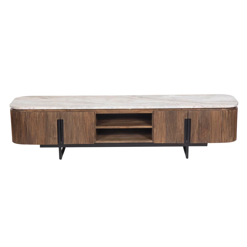 Grande Meuble TV 4 portes, 2 niches plateau marbre | Manguier Kfir III