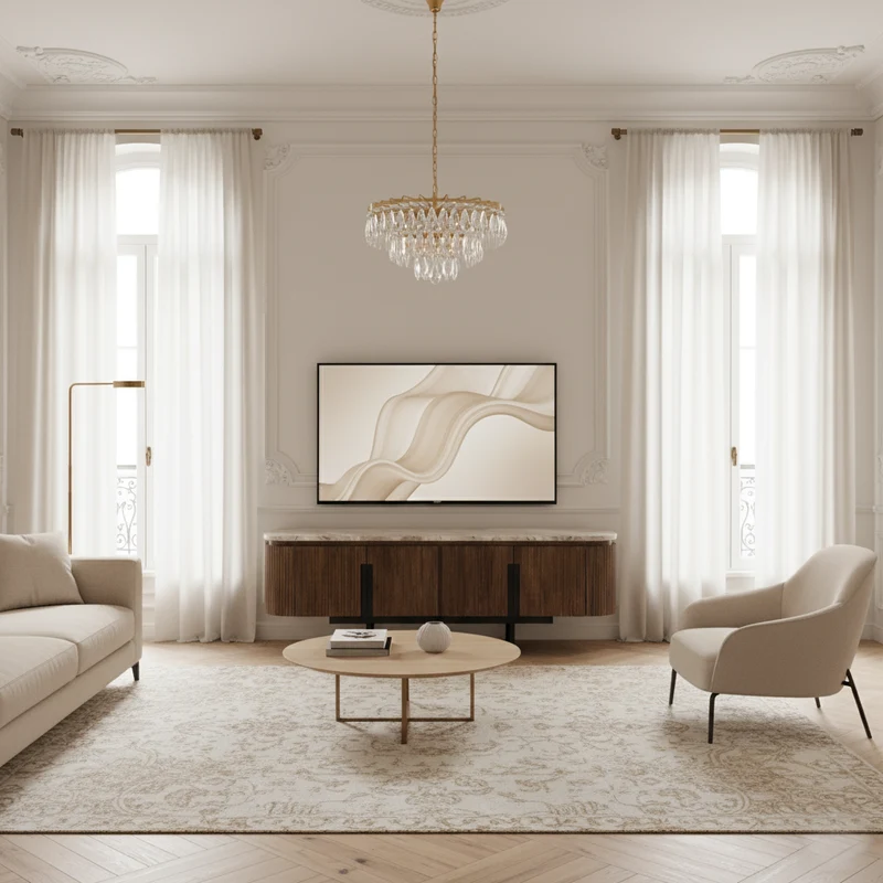 Meuble TV bas 4 portes plateau marbre | Manguier Kfir III