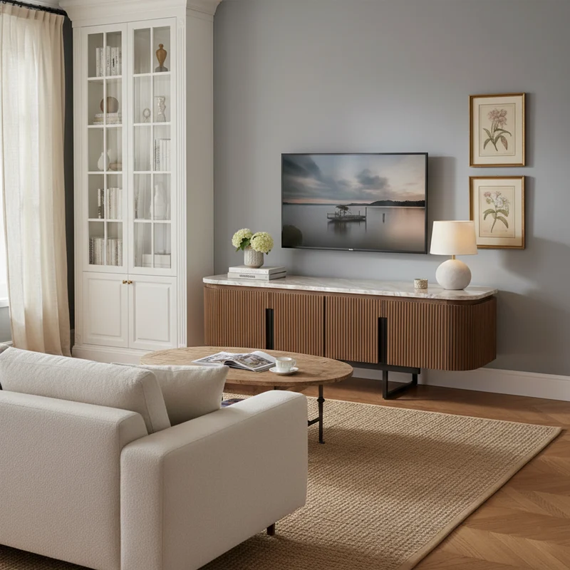 Meuble TV bas 4 portes plateau marbre | Manguier Kfir III