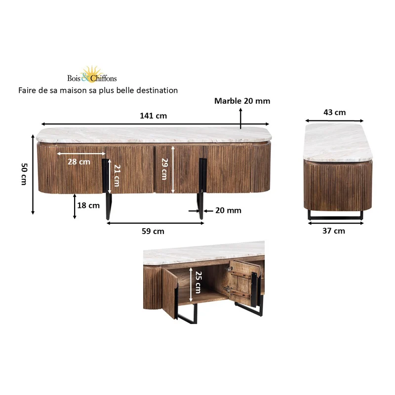 Meuble TV bas 4 portes plateau marbre | Manguier Kfir III