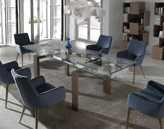 Table à manger extensible en verre trempé et bois de noyer modèle 1007 Angel Cerdá