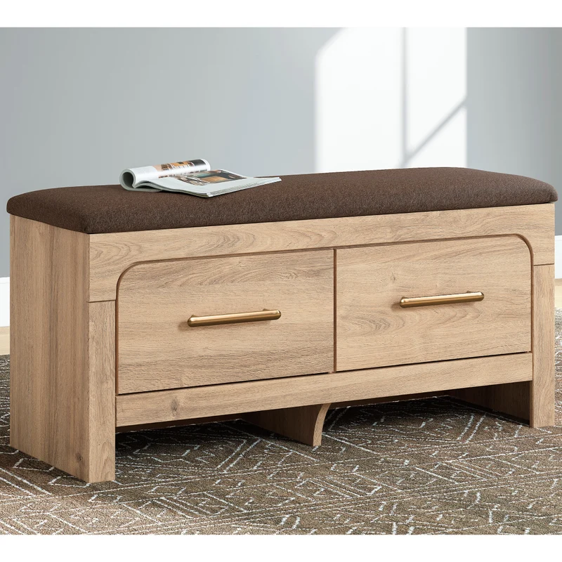 Banc de rangement en tissu brun et en bois/MDF tan avec 2 tiroirs - Kinlanni