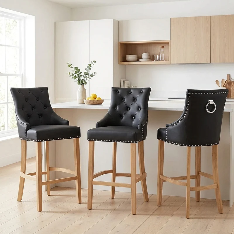 Chaise de bar Cuir Crouté Chêne - Ascot Noir