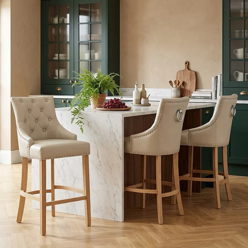 Chaise de bar Cuir Crouté Chêne - Ascot Crème