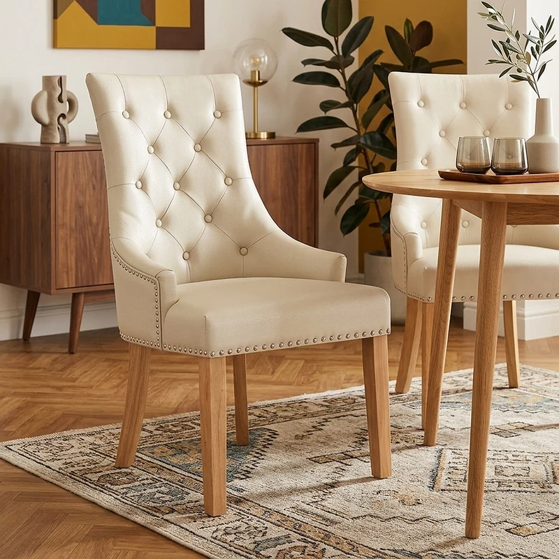 Chaise chêne cuir croûté - Ascot Crème