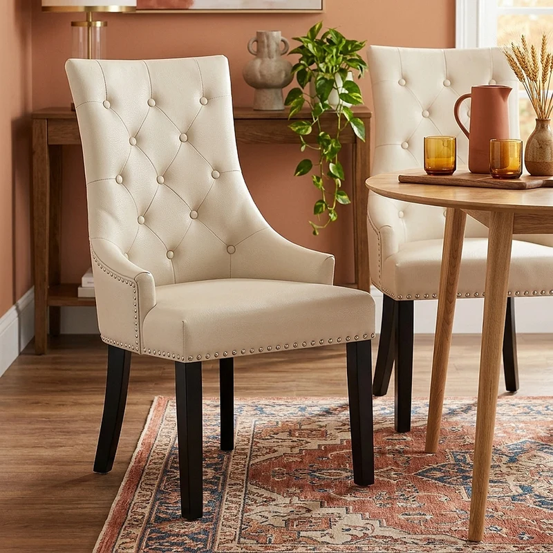 Chaise bois cuir crouté - Ascot Crème