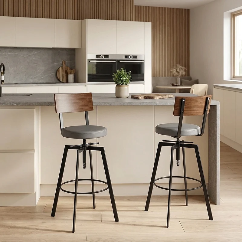 Tabouret de Bar Bois Faux Cuir - Urban Industrial Gris