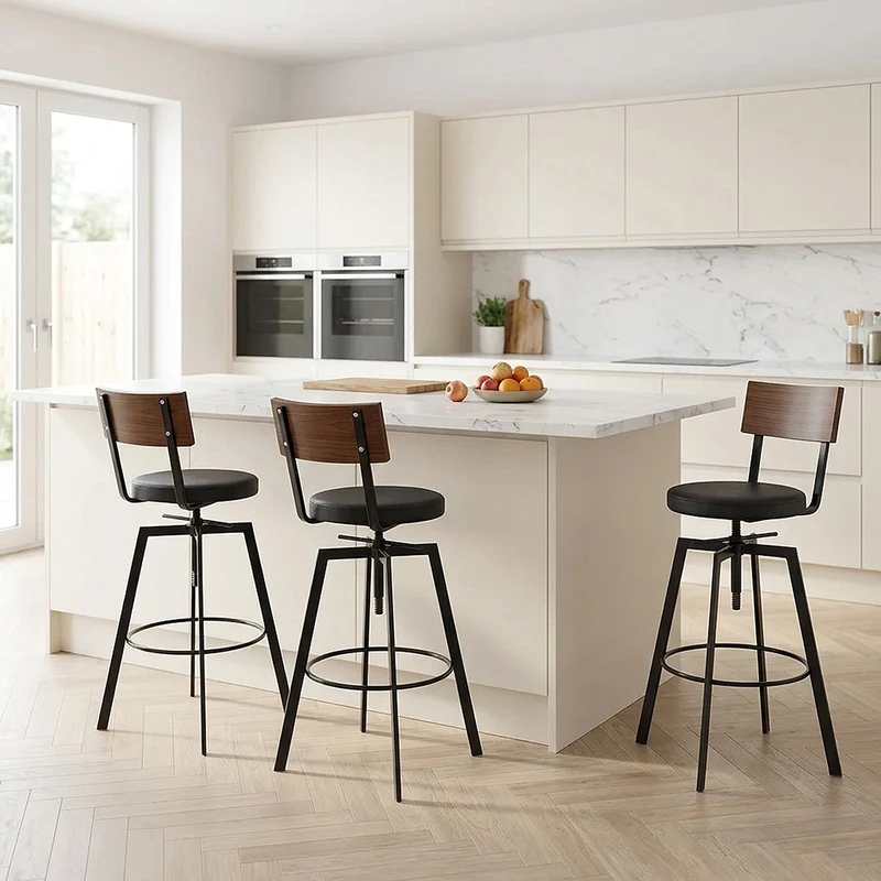Tabouret de Bar Bois Faux Cuir - Urban Industrial Noir