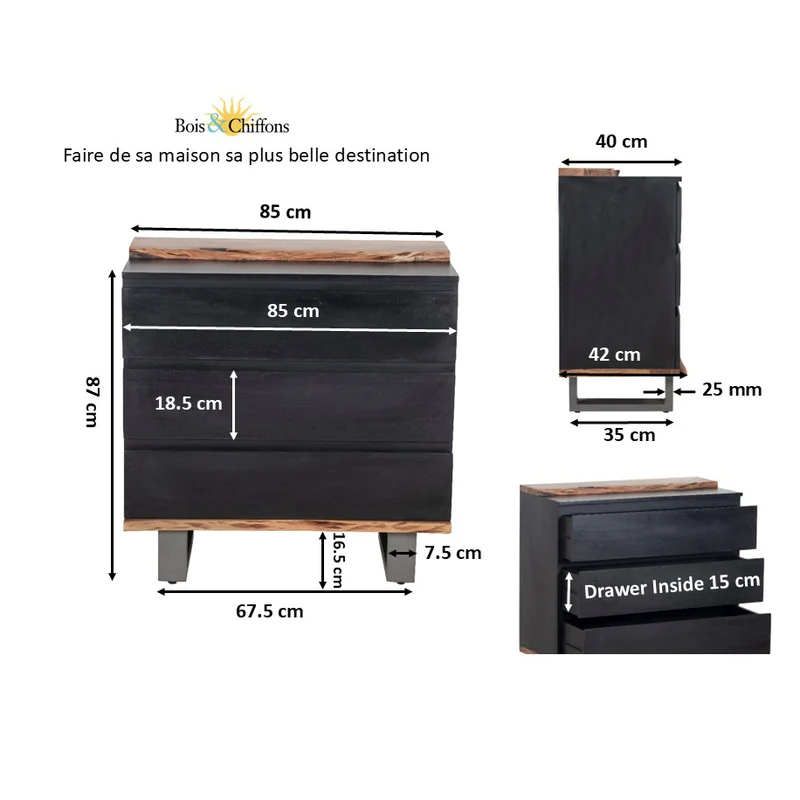 Commode 3 tiroirs en bois massif acacia - Black