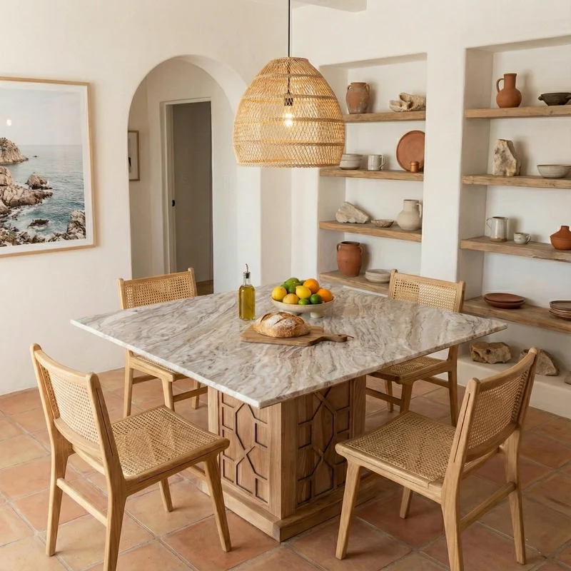 Table à manger carrée 130 avec plateau en marbre | Acacia Punjab-II