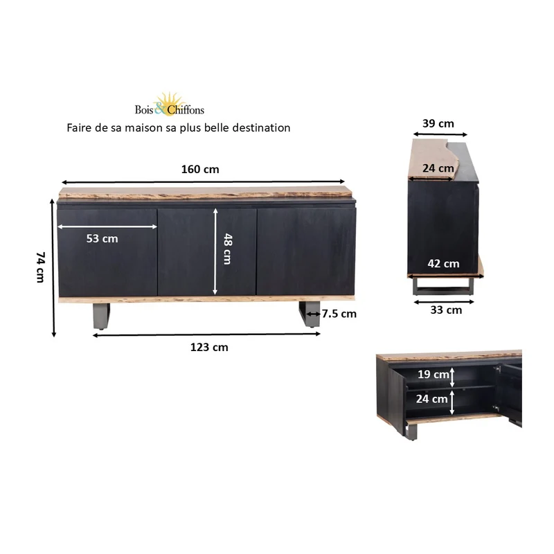 Buffet 3 portes en bois massif acacia - Black