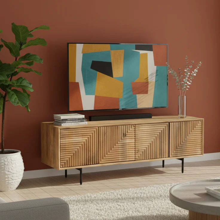Meuble Tv bois sculpté motif géométrique 4P | Manguier Maglan II