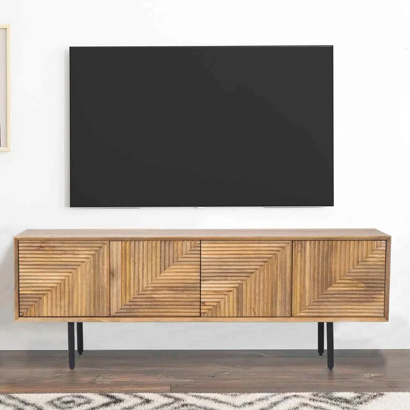Meuble Tv bois sculpté motif géométrique 4P | Manguier Maglan II